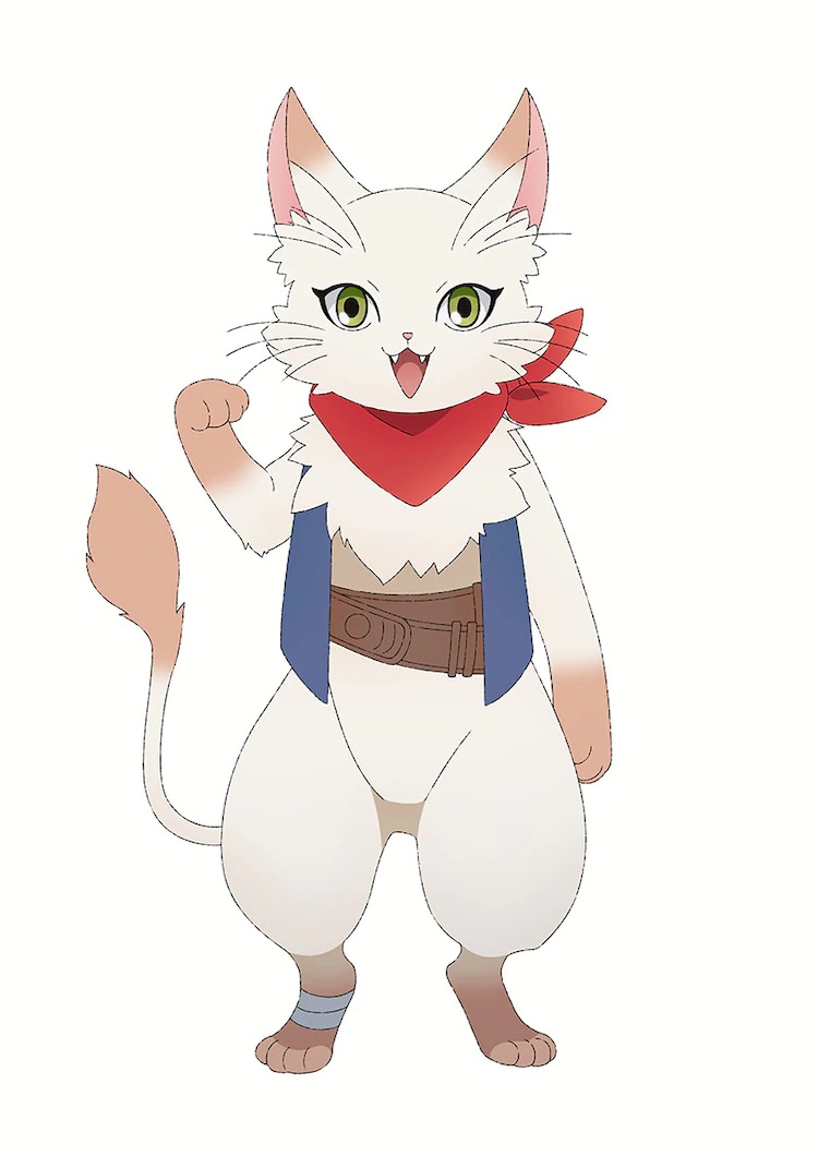 A character setting of Albert, a humanoid cat with white fur and green eyes wearing a red neckerchief, a blue vest, and brown leather belts, from the upcoming Dragon Goes House-Hunting TV anime. 