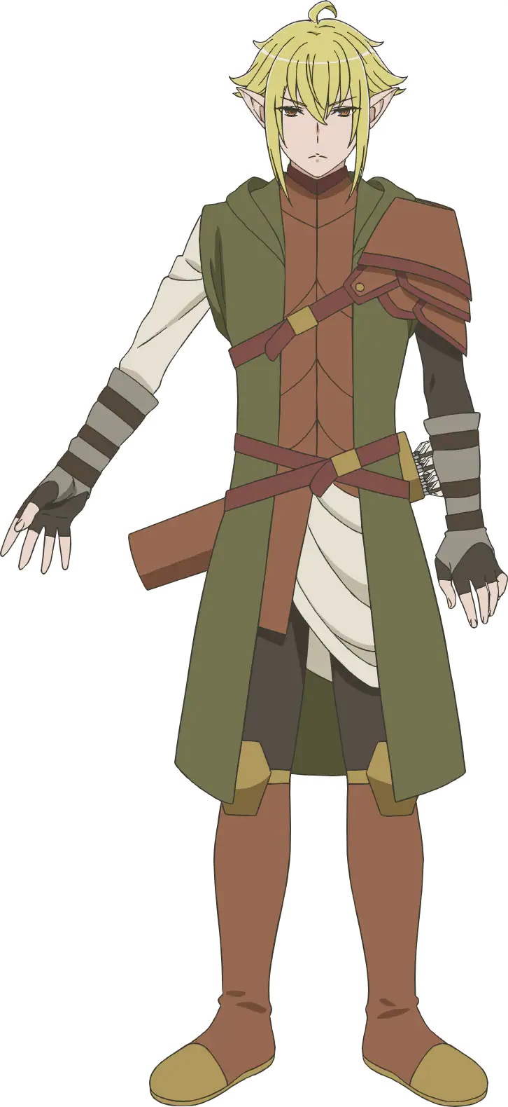 A character setting of Luvis Lilix from the upcoming 4th season of the Is It Wrong to Try to Pick Up Girls in a Dungeon? TV anime. Luvis is stern-faced elf with blonde hair and brown eyes. He wears leather armor and a forest green cloak and carries a quiver of arrows slung at his hips.