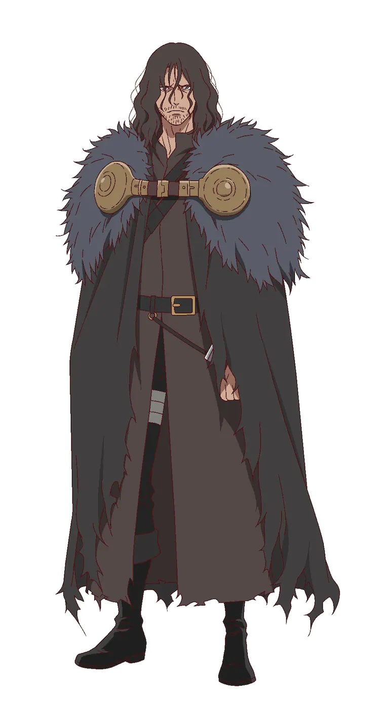 A character setting of Reystov, a famous swordsman from The Faraway Paladin TV anime. Reystov wears ragged clothing and has a deshiveled appearance. His black hair is long and unkempt, and his is unshaven.
