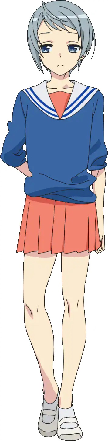 Eine Charaktereinstellung von Tsubasa aus dem kommenden TV-Anime 4-nin wa Sorezore Uso wo Tsuku.  Tsubasa ist ein junger Mann mit kurzen grauen Haaren und blauen Augen.  Er trägt eine Matrosen-Fuku-Uniform für Mädchen.