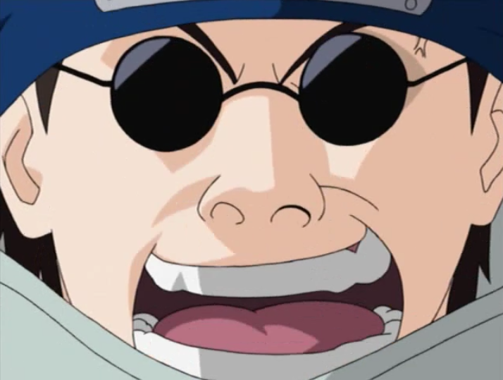 Shino Aburame collapses into a fit of uncontrollable laughter after being poisoned with a laughing drug in a scene from Episode 186 of the 2002 - 2007 Naruto TV anime.