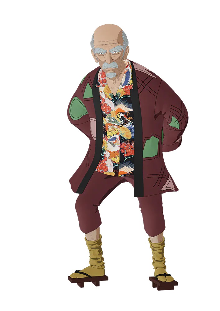 A character setting of Jingo Negoro from the upcoming TESLA NOTE TV anime. Jingo is an elderly man with a balding head, thick eyebrows, and a mustache and goattee. He sports a scowling expressing and is dressed in a summer kimono, drooping socks, and getta wooden sandals.