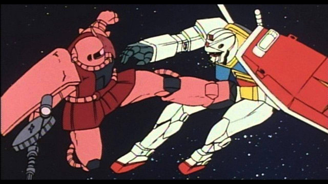 Char Aznable's custom red Zaku kicks Amuro Ray's RX-78-2 Gundam right in the stomach in a scene from the original 1979 Mobile Suit Gundam TV anime.