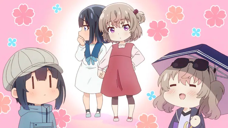 Hiyori and Koharu imagine themselves as elementary school age step-siblings in a scene from the upcoming Slow Loop TV anime.