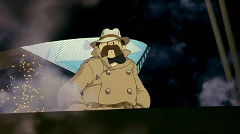 Shunsaku Ban observes the city from a dirigible in a scene from the 2001 Metropolis theatrical anime film.