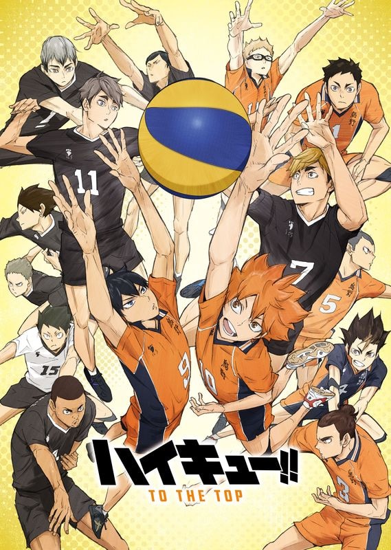 A key visual for the HAIKYU‼ TO THE TOP TV anime, featuring the man cast of characters all jumping for the same volleyball.