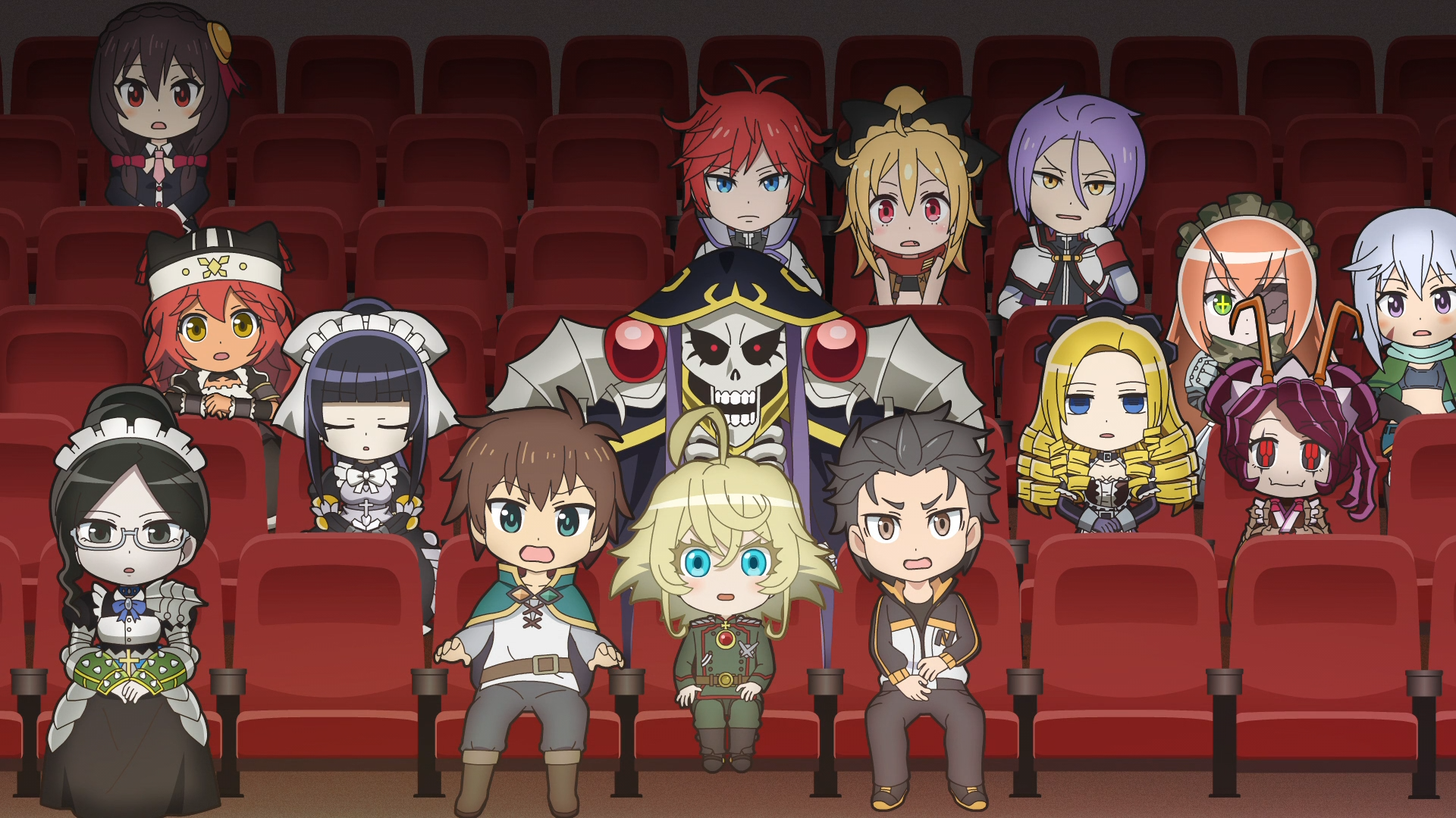 Characters from Overlord, Saga of Tanya the Evil,KONOSUBA -God's blessing on this wonderful world!, and Re:ZERO -Starting Life in Another World- pack the school auditorium in a scene from the Isekai Quartet TV anime.