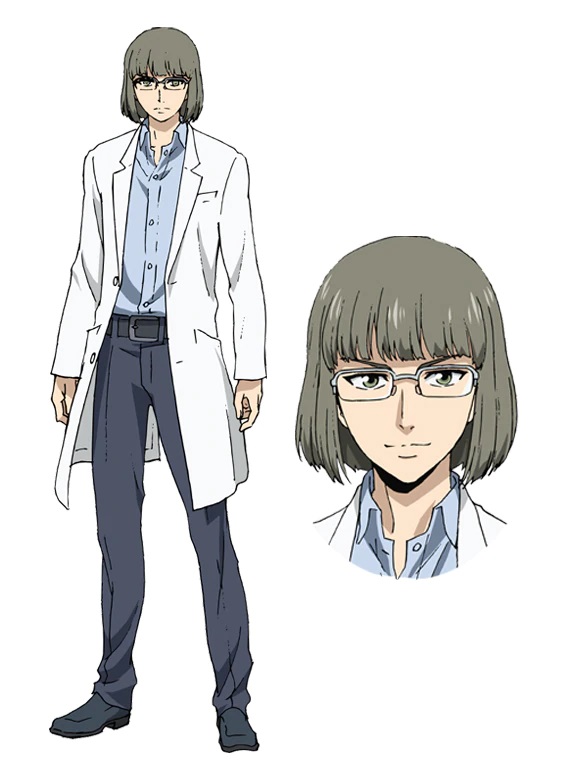 A character setting of Kazuma Aohara, a shady looking man in glasses and a white lab coat, from the upcoming High-Rise Invasion Netflix Original Anime.