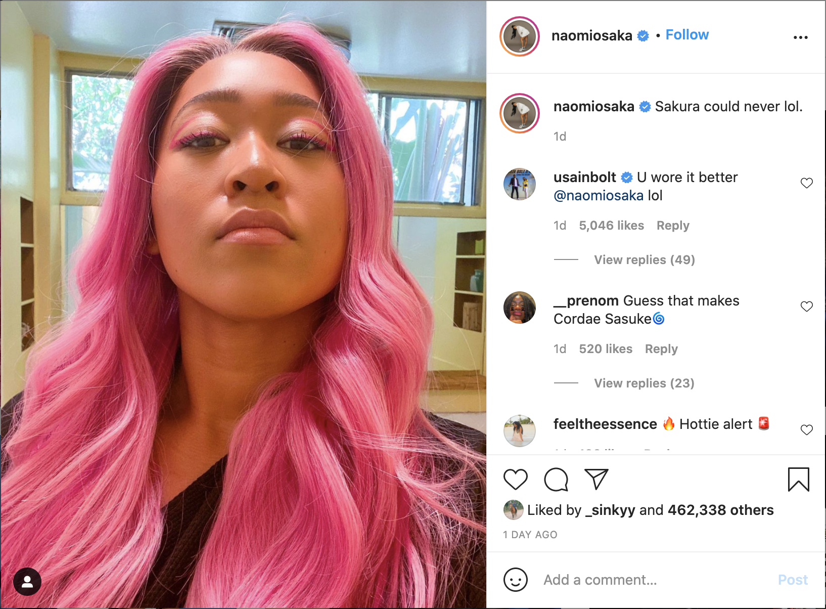 Naomi Osaka luciendo su cabello rosa en instagram