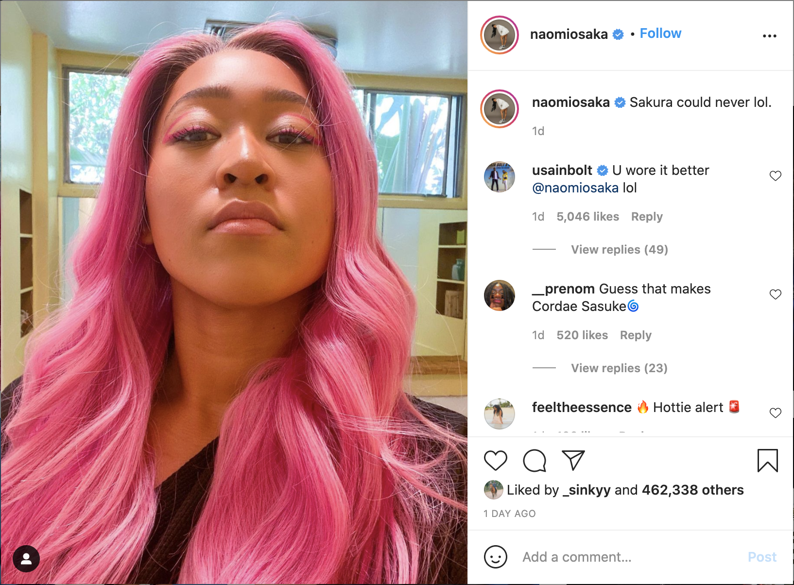 Naomi Osaka showing off her pink hair on instagram