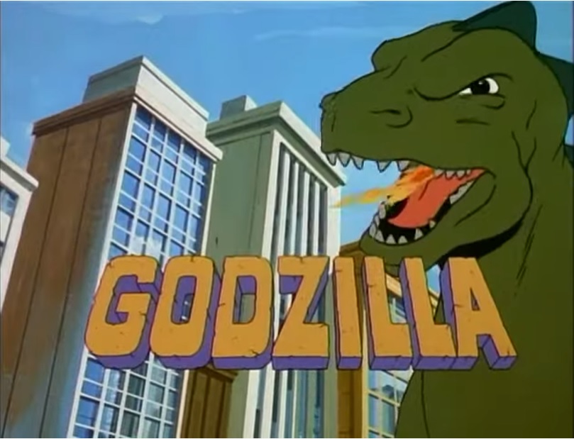 Godzilla breaths a lick of atomic fire, incinerating the opening credits in a scene from the title sequence of the 1978 Hanna-Barbera Godzilla cartoon.