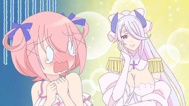 While shopping for swimsuits, Belphegor is intimidated by the presence of Morrigan the succubus in a scene from the As Miss Beelzebub Likes it. TV anime.