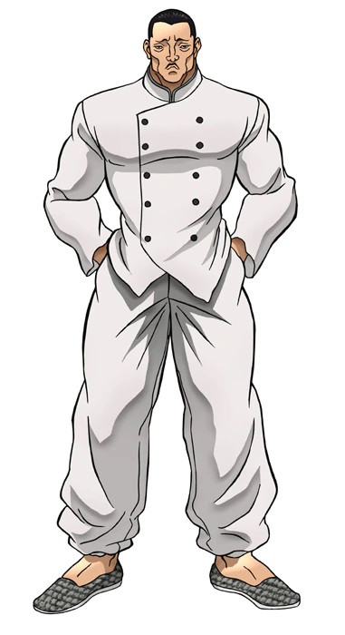 A character visual of Shobun Ron, a villainous-looking martial artist with slicked hair and a pencil mustache who dresses in white Chinese clothes, from the upcoming Baki anime.