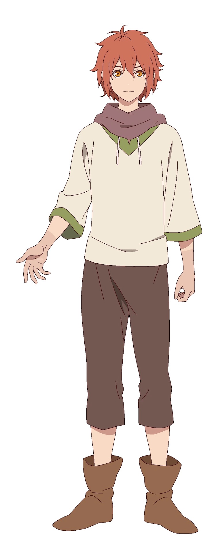 A character setting for Will, the protagonist from the upcoming The Faraway Paladin TV anime. Will is a slender young man with red hair who is dressed as a peasant in a simple shirt, slacks, and boots.