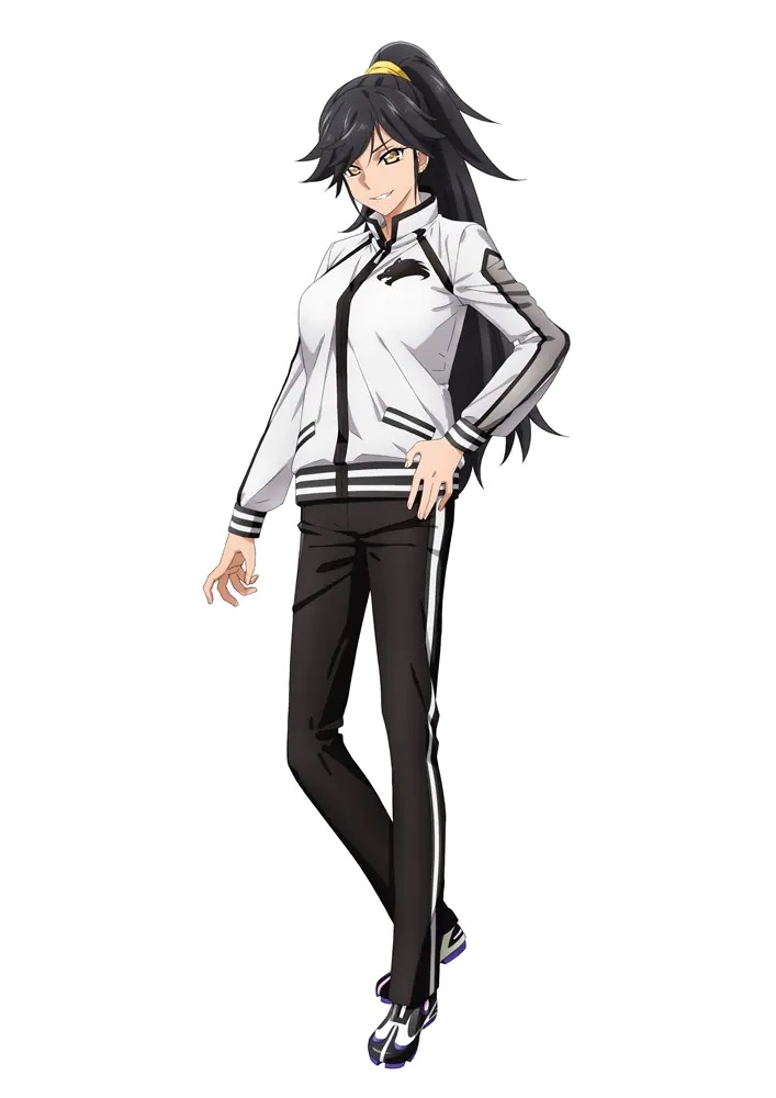 Un escenario del personaje de Ashley Vancroft del próximo anime Extreme Hearts TV.  Ashley es una joven alta y esbelta con cabello negro hasta la cadera recogido en una cola de caballo y ojos amarillos.  Lleva un chándal blanco y negro y zapatillas deportivas.