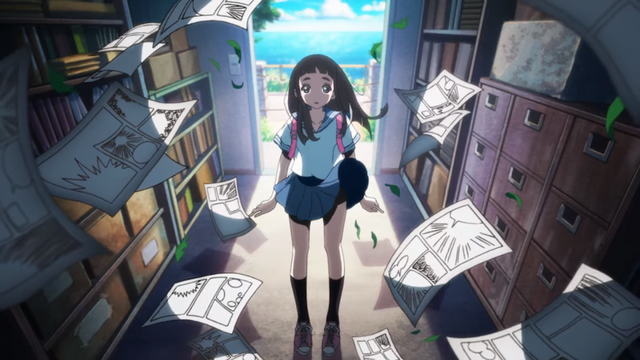 Hime Goto is surprised to discover her father's manga artwork archives in a scene from the upcoming Kakushigoto TV anime.