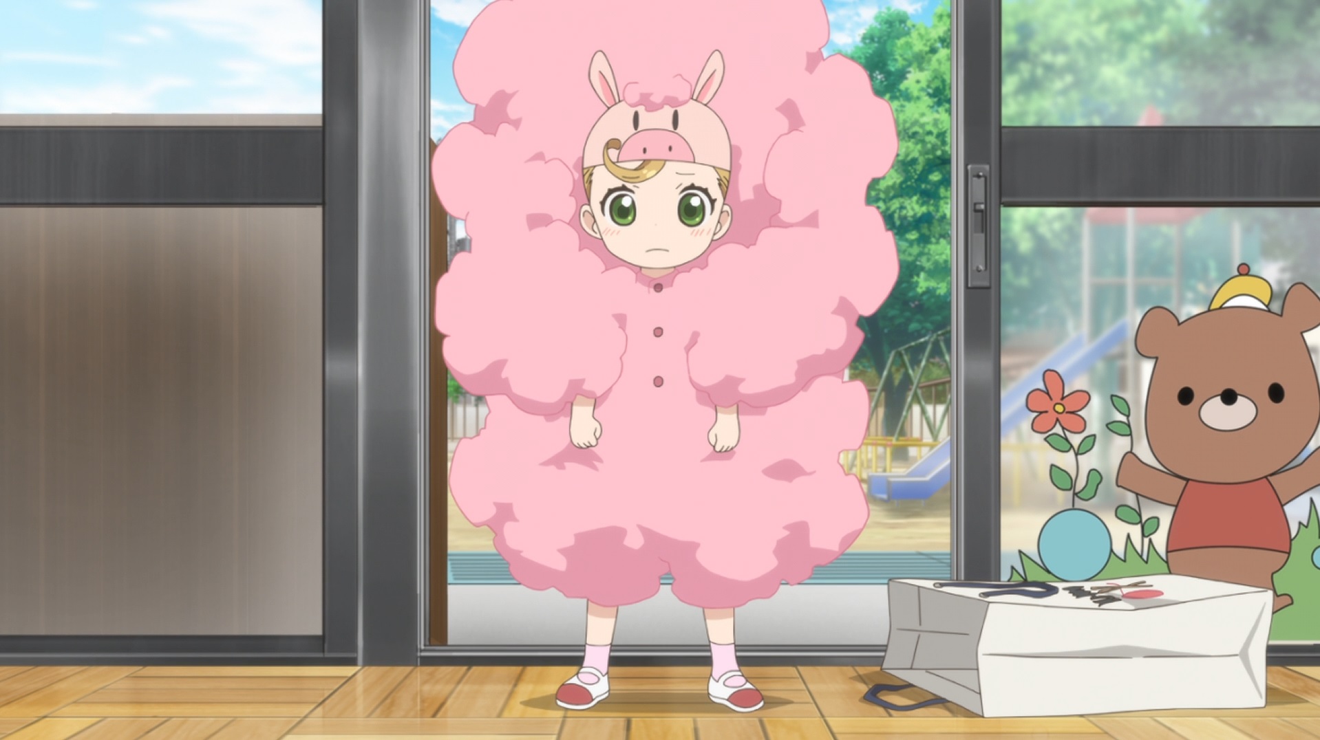 Tsumugi shows off her Mr. Galigali costume for the school play in a scene from the sweetness & lightning TV anime.