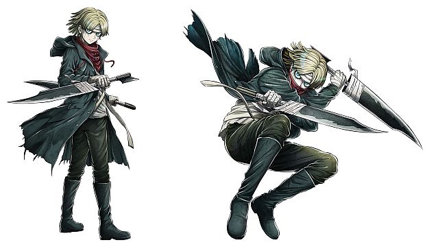 A character setting of Kiyoshiro Haneda from the upcoming Tribe Nine TV anime. Kiyoshiro is dressed in ragged layers of clothing including an overcoat, a scarf, a shirt, slacks, boots, and bandages covering his hands. He wields a pair of swords as weapons.