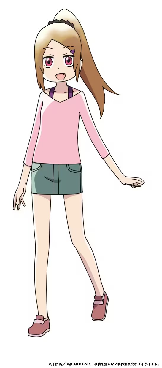 A character setting for Sumire Kasahara from the upcoming My Clueless First Friend TV anime. Sumire is a slender young lady with light brown hair in a ponytail and pink eyes. She wears casual clothing and has a single fang protruding from her smile.