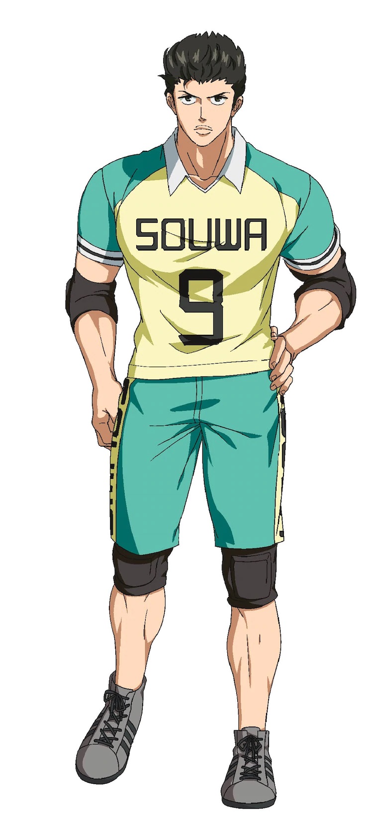 A character setting of Daisuke Muroya, a member of the Souwa High School kabaddi club who sports spikey hair, fierce eyes, pouty lips, and a grim expression on his face from the upcoming Burning Kabaddi TV anime.