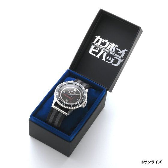 Ein Werbebild der SEIKO x Cowboy Bebop Armbanduhr, das die Uhr in ihrer Cowboy Bebop-Verpackung zeigt.