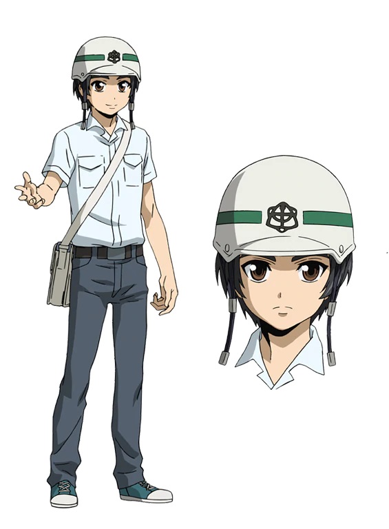 A character setting of Shinji Okihara, a young man in a safety helmet, a dress shirt, and slacks, from the upcoming High-Rise Invasion Netflix Original Anime.