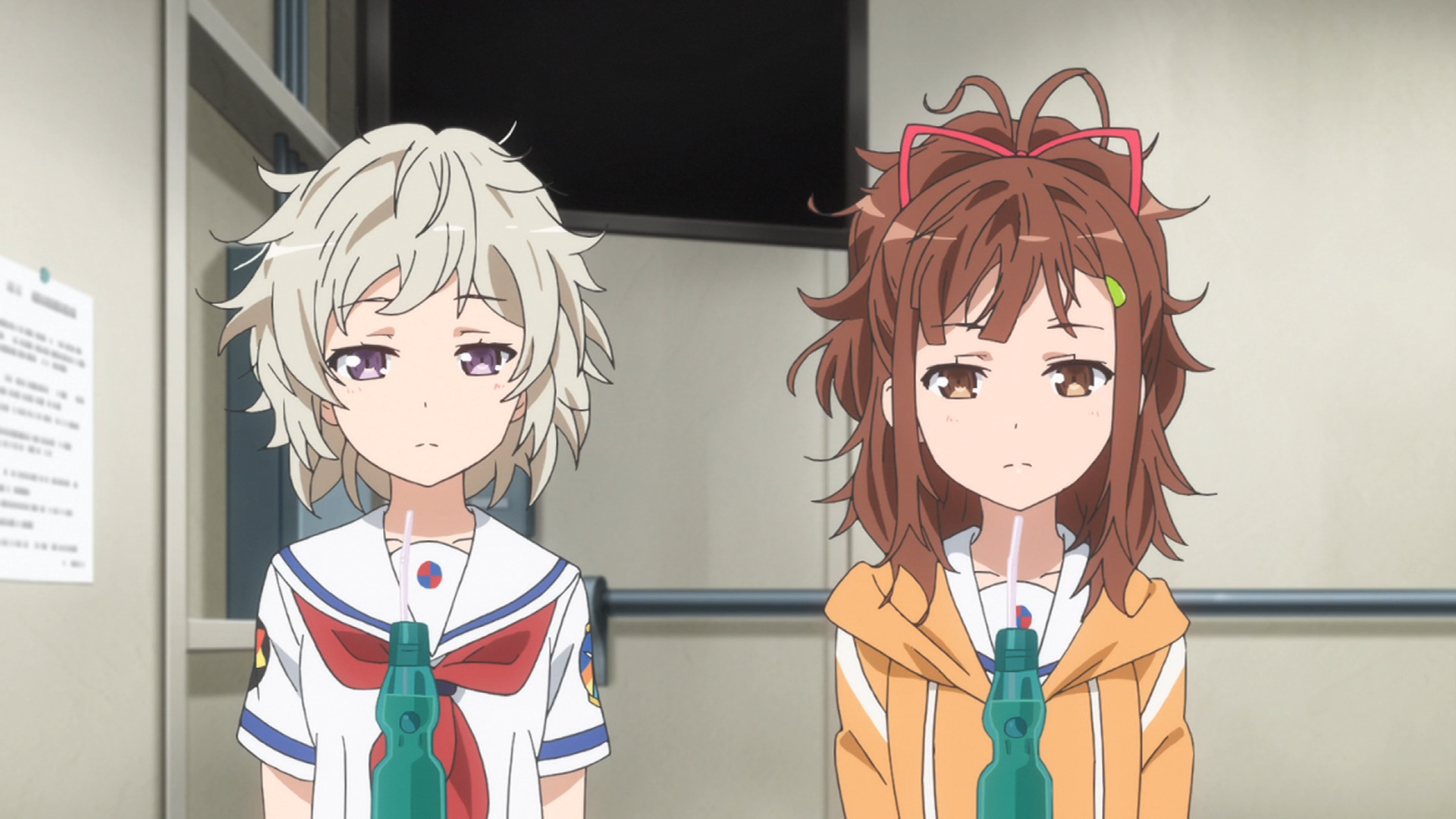 Artillery officer Shima Tateishi and torpedo officer Mei Irizaki suffer from a terrible case of bedhead while sipping on bottles of ramune during a ship-wide water shortage in a scene from the 2016 High School Fleet TV anime.