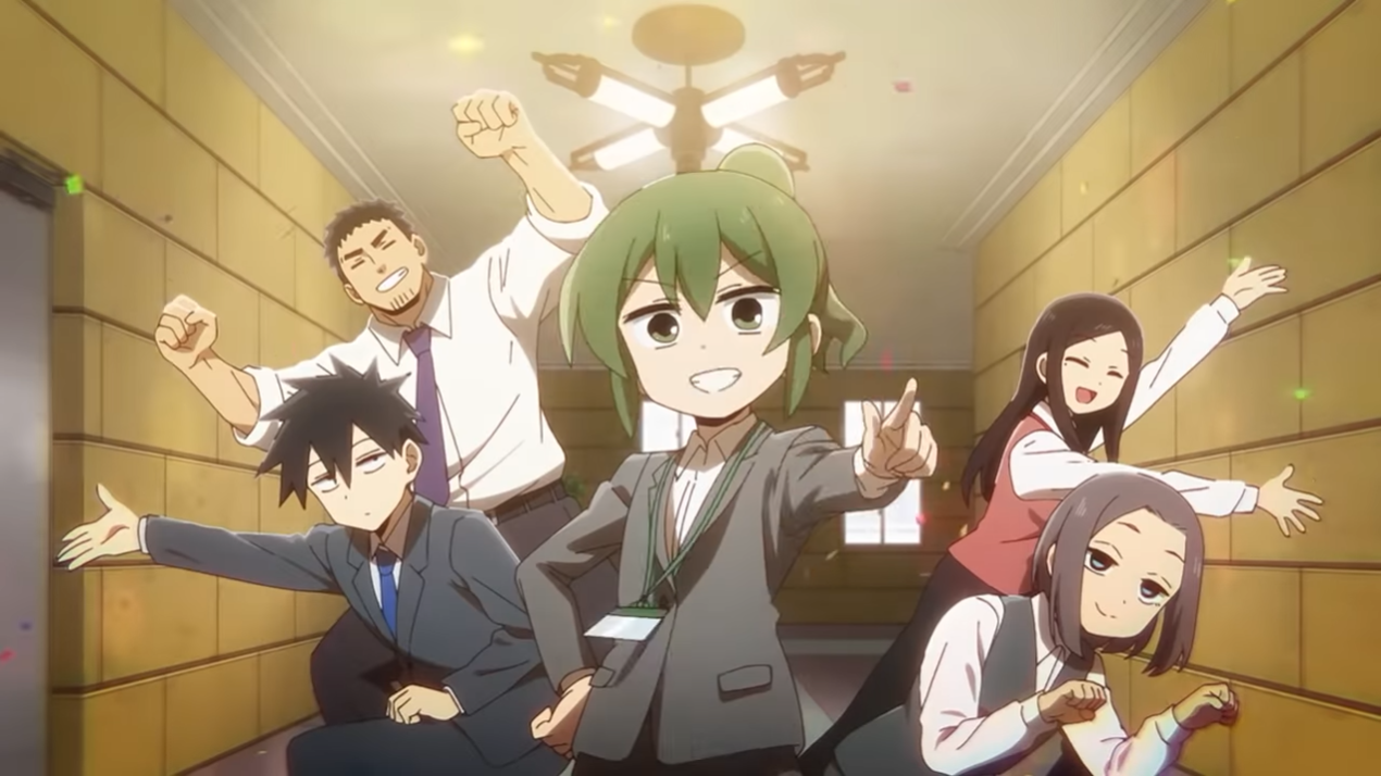 The main cast poses for a Youtube video skit in a scene from the opening animation sequence for the My Senpai is Annoying TV anime.
