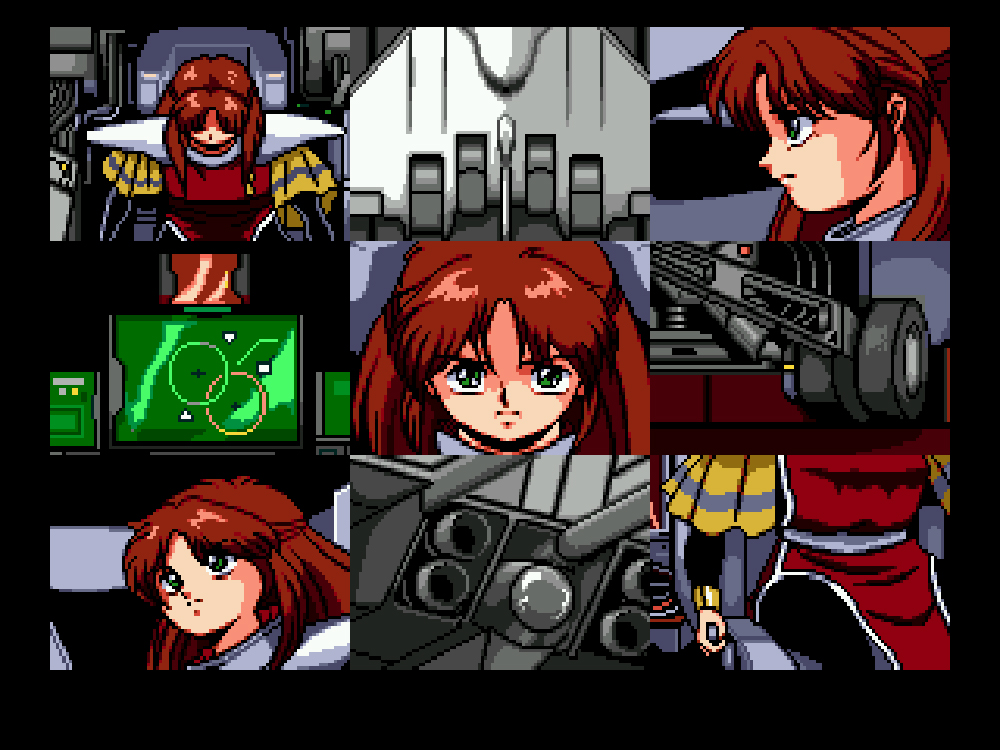 An anime-style in-game cut scene from the 1992 Sega MegaDrive 16-bit shoot `em up console game, Gleylancer. The cut scene depicts the heroine of the game stealing an experimental fighter craft.