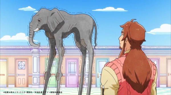 Neptune no se ve afectado por un elefante tambaleante de patas largas en una escena del próximo episodio adicional del anime de televisión Heaven's Design Team.