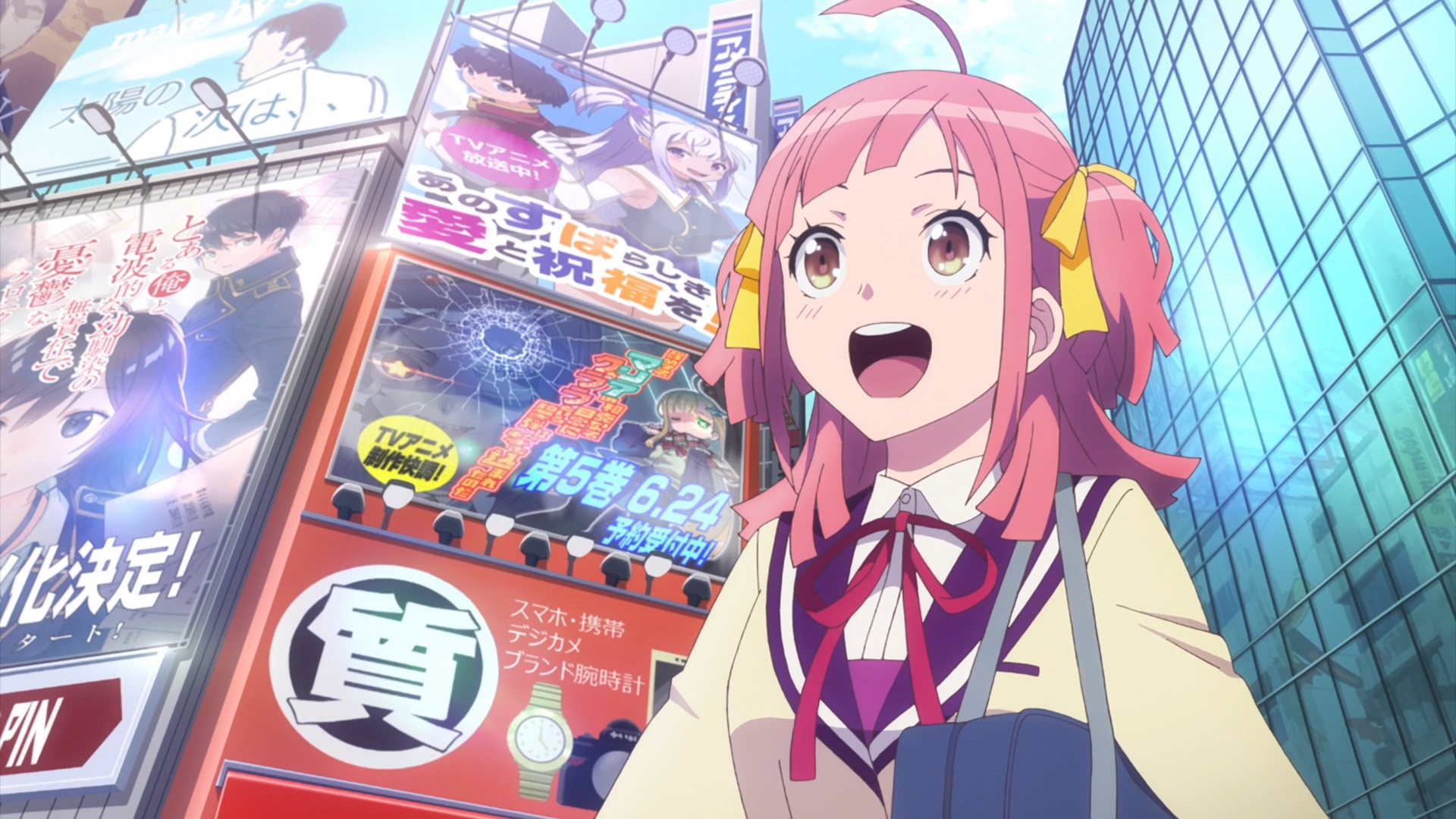 Fresh-faced anime fan Minoa Asagaya is wowed by the commercial splendors of Akihabara in a scene from the 2017 Anime-Gataris TV anime.