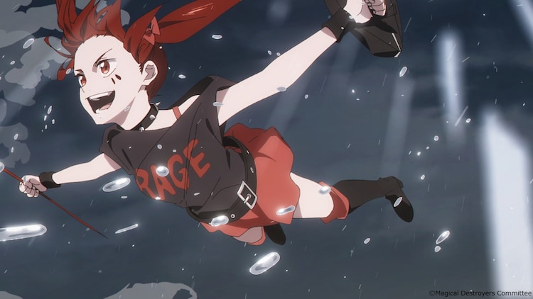 Magical Girl Anarchy sky-dives out of the back of a cargo plane in a scene from the upcoming Magical Girl Destroyers TV anime.