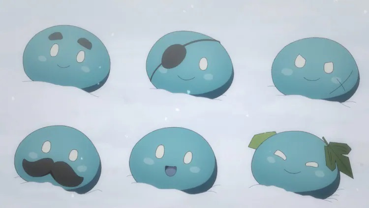 A series of slimes smile in a snow drift in a scene from the upcoming My Isekai Life TV anime.
