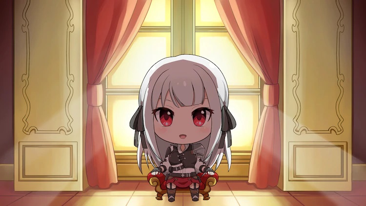 An image from the upcoming Eiyuu-ou, Bu wo Kiwameru tame Tensei su, ～Soshite Sekai Saikyou no Minarai Kishi♀～ mini web anime, featuring the heroine, Inglis, in chibi form seated upon a tiny throne.