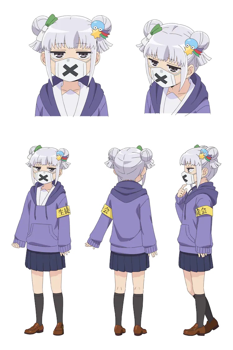 A character setting of Kiina Asaka from the upcoming fourth season of the Yatogame-chan Kansatsu Nikki TV anime. Kiina is a high school age girl with faint lilac colored hair and light purple eyes. She wears a face mask with a big black 'X' imprinted on it as well as a light purple hooded sweater over her sailor uniform. She also wears a yellow armband identifying her as a member of the student council.