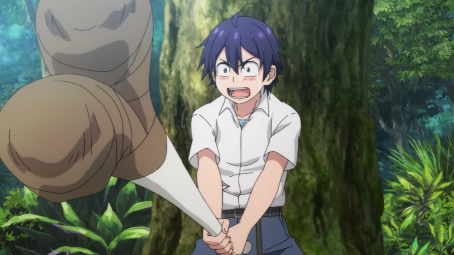 Seiichi Hiiragi wields a cartoonish leg bone as a club to defend himself from primate attacks in a scene from the upcoming Shinka no Mi TV anime.