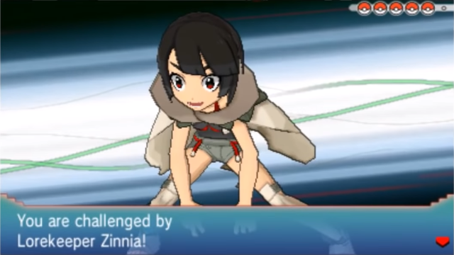 Lorekeeper Zinnia challenging the player to a battle in Pokémon Omega Ruby and Alpha Sapphire