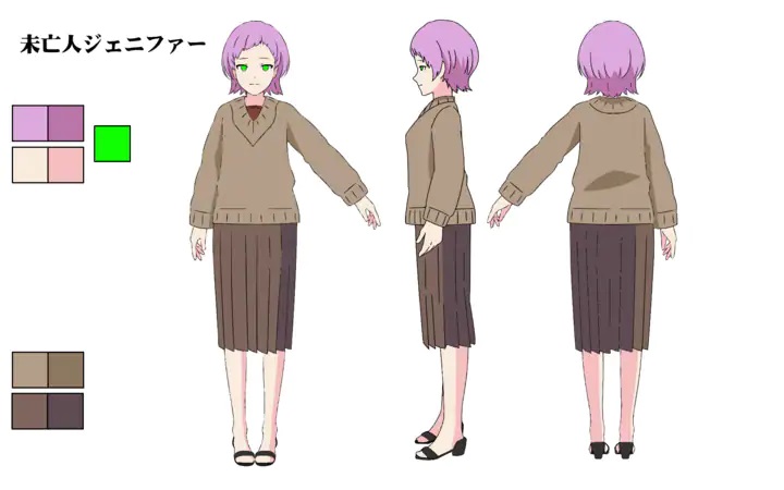 A character setting of Jennifer from the upcoming Spaceman X ~Sugoi Uchuu Daibouken~ anime theatrical film. Jennifer is a woman in her 30's with pink hair and green eyes. She wears a brown sweater, a knee length brown skirt, and sandals.