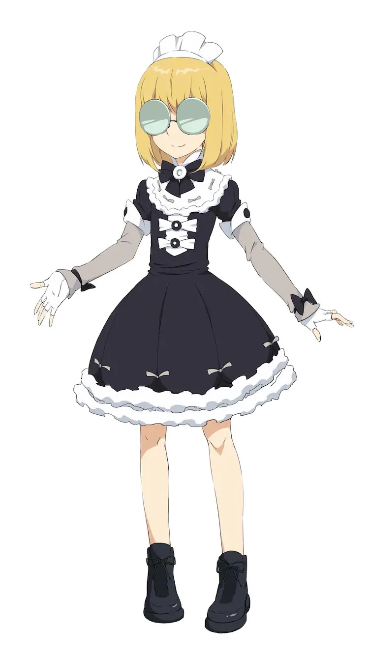 A character setting of Stan from The Last Summoner TV animation. Stan is an androgynous person with shoulder length blonde hair in a page boy cut and thick, Coke bottle eyeglasses. They wear a frilly, black and white Gothic Lolita maid outfit complete with a white headpiec, white fingerless gloves, and black boots.