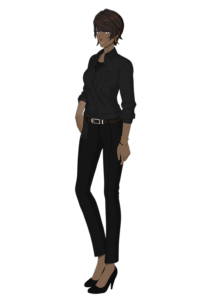 Un escenario de personajes de Lily Steinem del próximo anime de televisión TESLA NOTE.  Lily es una mujer delgada de piel oscura y cabello oscuro.  Se viste con un elegante traje de pantalón casual de negocios y tacones altos.