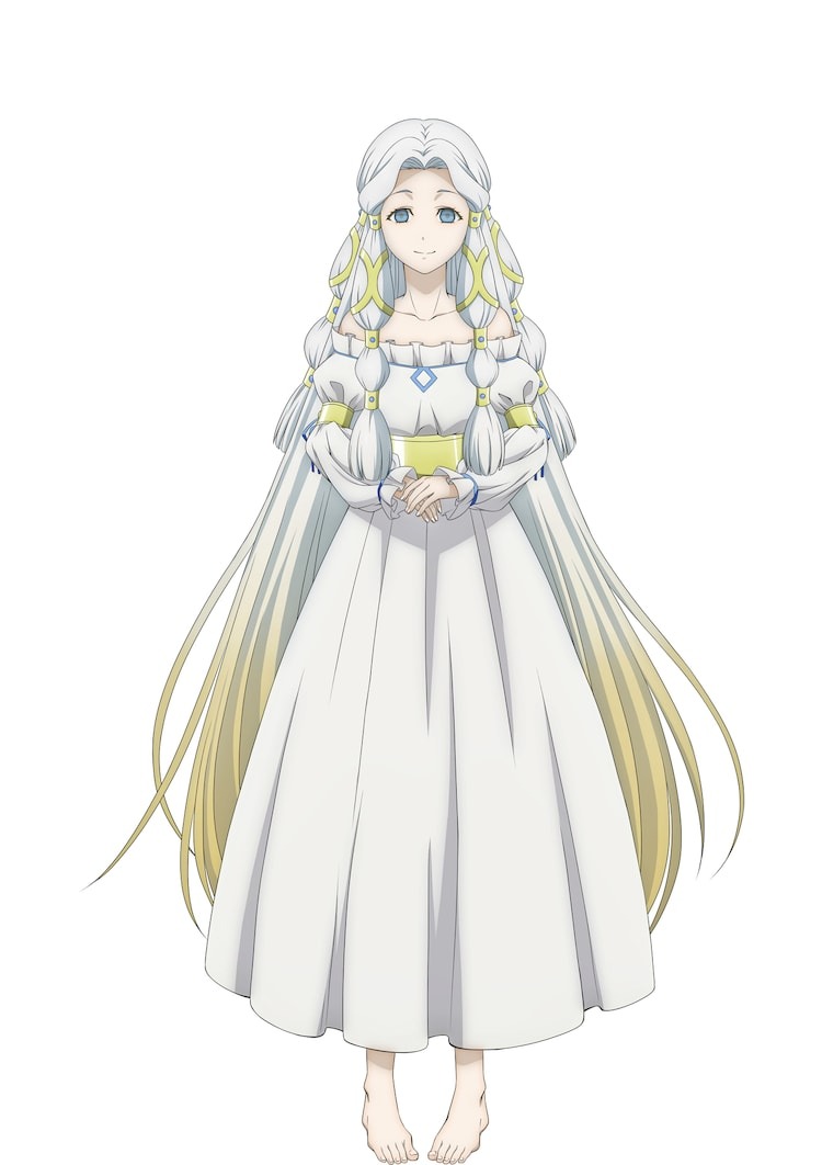 A character setting of Curte the Clear Sky from the upcoming Ishura TV anime. Curte is a young woman dull gray eyes and long hair that is blonde at the tips but fades to a gradient of white toward the roots. She wears a long white dress and is barefoot.