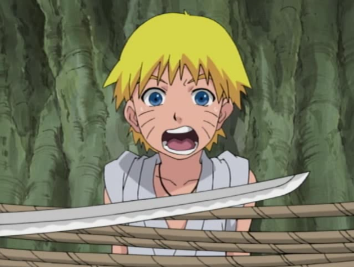 Naruto Uzumaki is tied to a tree and "threatened" by debt collectors in a scene from Episode 197 of the 2002 - 2007 Naruto TV anime.