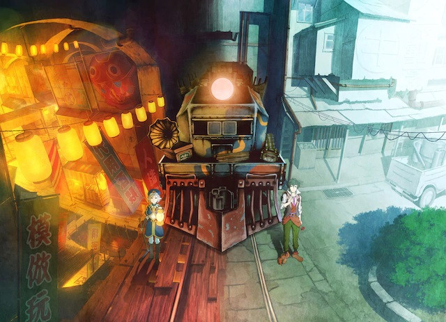A new key visual for the upcoming KURAYUKABA short film, featuring lay-about detective Shoutarou, a young woman in a soldier's uniform named Tanne, and an armored train set against a split backdrop that is one-half of a night city lit by paper lanterns and one-half of a shanty town during the day.