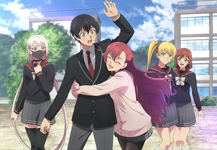 A new key visual for the upcoming Shinobi no Ittoki TV anime featuring a seemingly normal high school scene. Ittoki is surprised by an embrace from Tsubaki while Kosetsu, Kirei, and Ryoko look on. The scene takes place in the court yard of their high school, and all the characters are wearing their school uniforms rather than ninja costumes. 