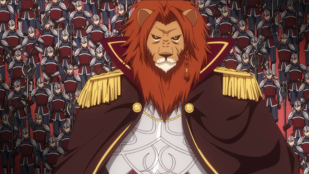 Georg Carmine, a lion-headed beastman, stands before an army of assembled soldier as their general in a scene from the How a Realist Hero Rebuilt the Kingdom TV anime.