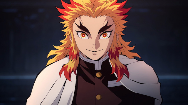 The Flame Hashira, Kyojuro Rengoku, faces forward with an aura of assured but gentle confidence in a scene from the Demon Slayer: Kimetsu no Yaiba TV anime.