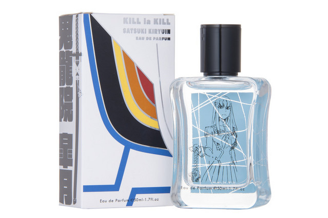 A promotional image of the Satsuki Kiryuin eau de parfum fragrance by Fairytale, featuring artwork inspired by the Life Fibers and Junketsu from the Kill la Kill TV anime.