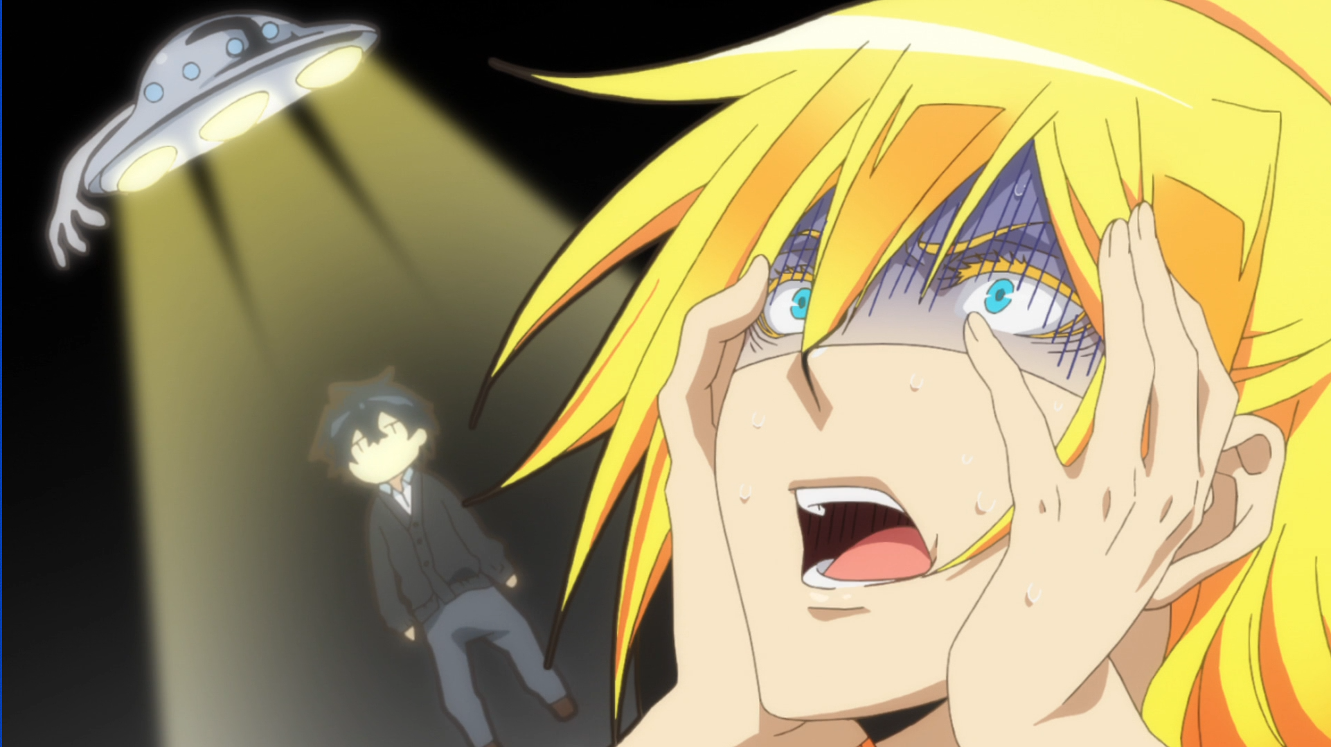 Wakasa the merman freaks out at the idea of his companion, Tatsumi, being kidnapped by aliens in a scene from the Orenchi no Furo Jijo TV anime.