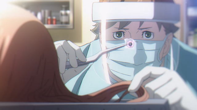 Dr. John Watson examines a clue while performing an autopsy in the Kabukicho Sherlock TV anime.