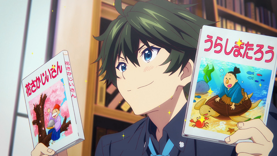 Haruhiko Ichijo brandishes books full of popular Japanese folktales in a scene from the 2016 Myriad Colors Phantom World TV anime.